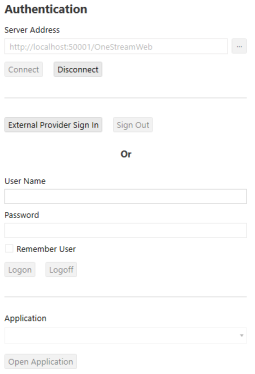 The Logon screen for native authentication and external identity provider has a gray Authentication heading at the top. Next is a rectangular field to enter a Server Address. Then, there are four rectangular, gray buttons for Connect, Disconnect, External Provider Sign In, and Sign Out. Then, the word Or displays because users have the option for native authentication or an external identity provider. Then, there are two rectangular fields to enter a User Name and Password and a radio button for Remember User. Then, there are two rectangular, gray buttons for Logon and Logoff. Next is an Application drop-down menu that has a rectangular field with a black down arrow. Then, there is a rectangular, gray button for Open Application.